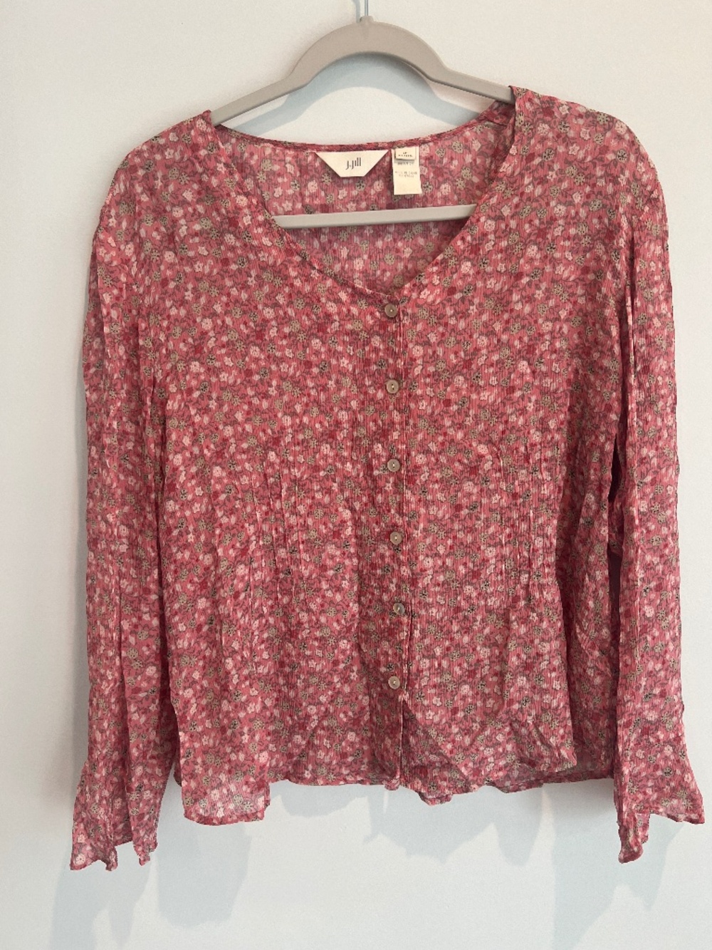 J.Jill 100% Silk Floral Crinkle Button-Down Blouse Pink Petite Large PL EUC